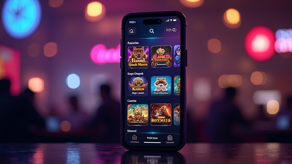 Smartphone mit übersichtlicher Casino-App-Oberfläche im dunklen Neon-Look